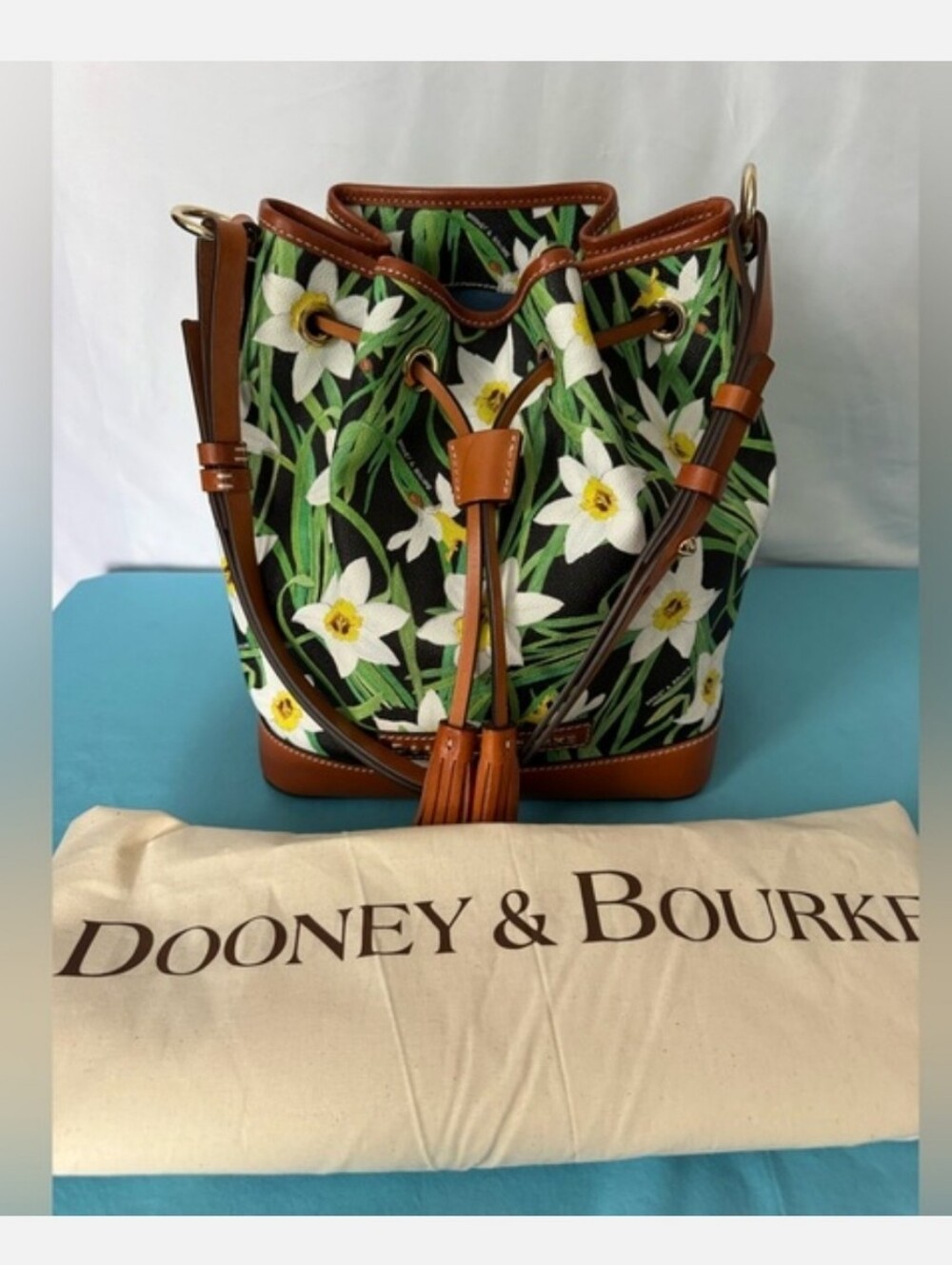 Dooney & Bourke Floral Drawstring Bucket Bag with Leather Trim... Euc